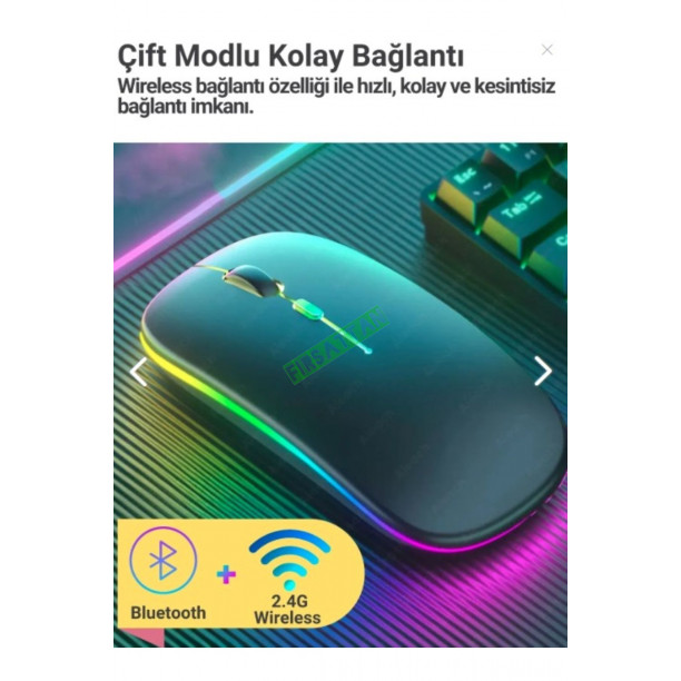 Bluetooth Wireless Kablosuz Mouse Çift Modlu Usb 2.4g Şarj Edilebilir 800/1200/1600dpi Rgb Led