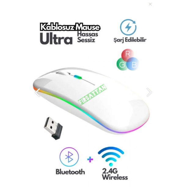 Bluetooth Wireless Kablosuz Mouse Çift Modlu Usb 2.4g Şarj Edilebilir 800/1200/1600dpi Rgb Led