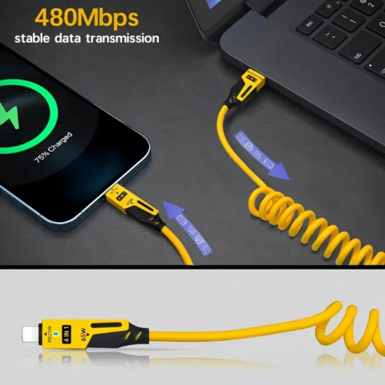 65w Çoklu 4in1 USB Type-C ve Lightning Android Auto - CarPlay Kısa Şarj Ve Data Kablosu 1.5M