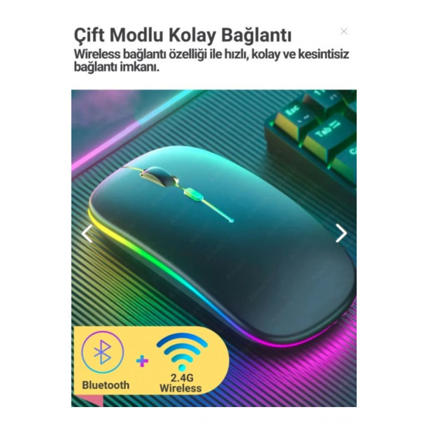 Bluetooth Wireless Kablosuz Mouse Çift Modlu Usb 2.4g Şarj Edilebilir 800/1200/1600dpi Rgb Led