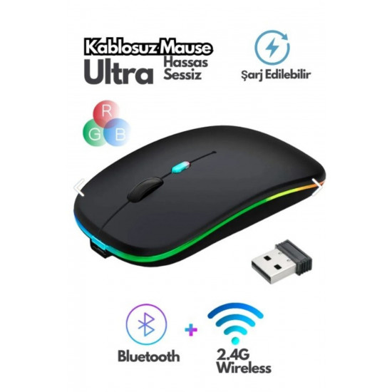 Bluetooth Wireless Kablosuz Mouse Çift Modlu Usb 2.4g Şarj Edilebilir 800/1200/1600dpi Rgb Led Bluetooth Wireless Kablosuz Mouse Çift Modlu Usb 2.4g Şarj Edilebilir 800/1200/1600dpi Rgb Led