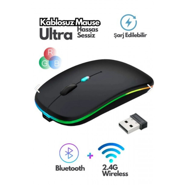 Bluetooth Wireless Kablosuz Mouse Çift Modlu Usb 2.4g Şarj Edilebilir 800/1200/1600dpi Rgb Led