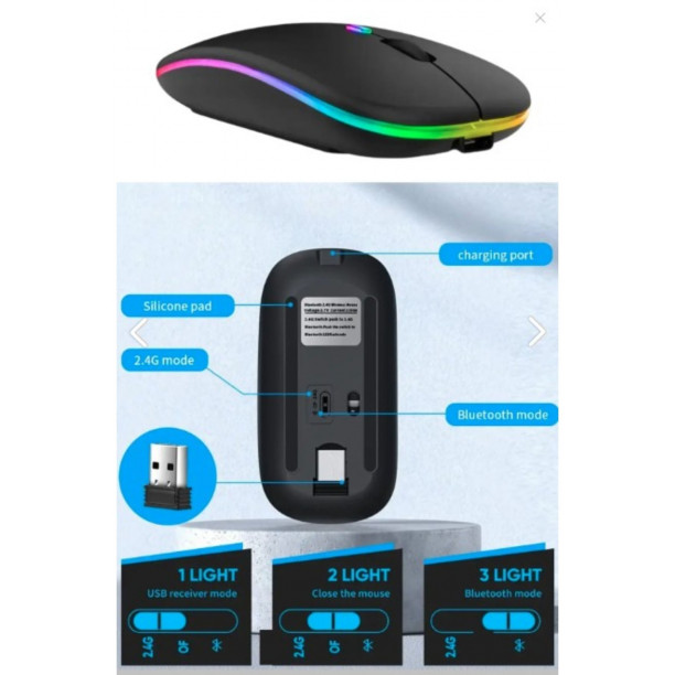 Bluetooth Wireless Kablosuz Mouse Çift Modlu Usb 2.4g Şarj Edilebilir 800/1200/1600dpi Rgb Led