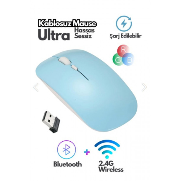Bluetooth Wireless Kablosuz Mouse Çift Modlu Usb 2.4g Şarj Edilebilir 800/1200/1600dpi Rgb Led
