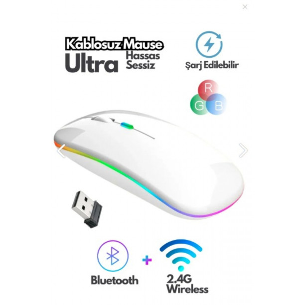Bluetooth Wireless Kablosuz Mouse Çift Modlu Usb 2.4g Şarj Edilebilir 800/1200/1600dpi Rgb Led