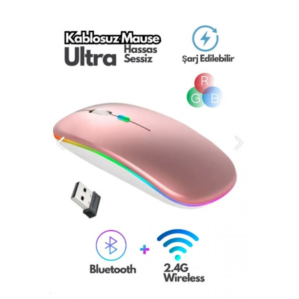 Bluetooth Wireless Kablosuz Mouse Çift Modlu Usb 2.4g Şarj Edilebilir 800/1200/1600dpi Rgb Led